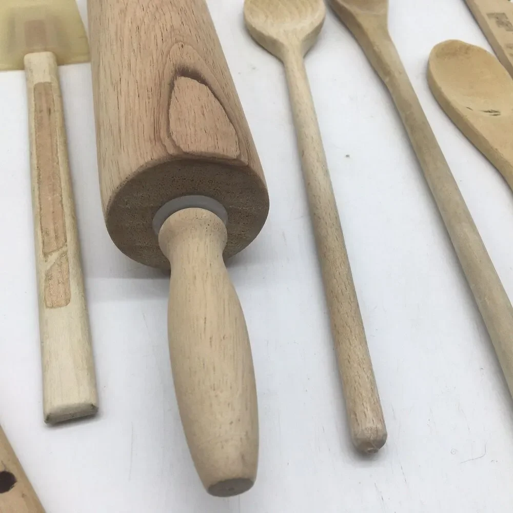 Vtg Lot Of 9 Wooden Kitchen Utensils Fork Wooden spoon Spatula Rolling Pin